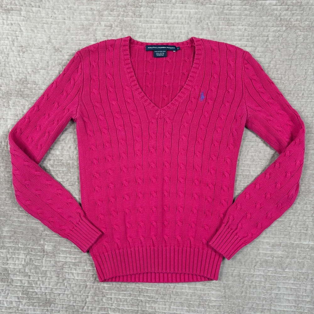 Ralph Lauren Sport Pink Cable Knit V-Neck Cotton Sweater Womens Small Magenta
